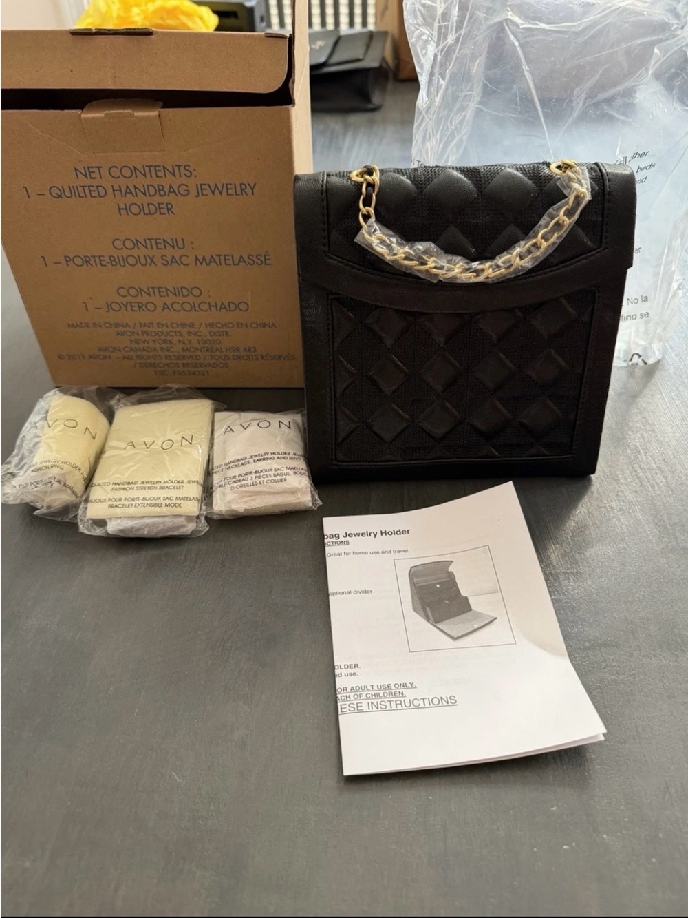 AVON Quilted Handbag Jewelry Holder Black Travel Jewelry Organizer Case New